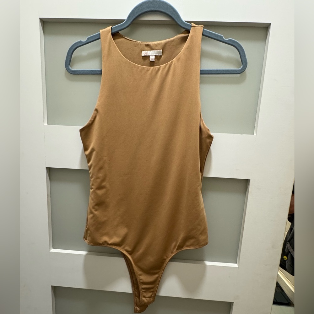 GB Knit High Neck Sleeveless Bodysuit color tan